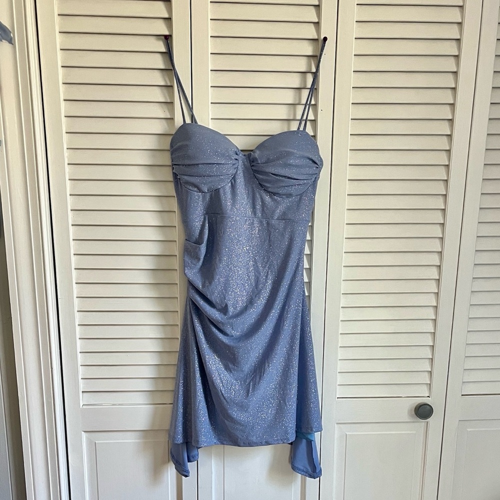 Windsor Shimmer Light Blue Spaghetti-Strap Mini Dress